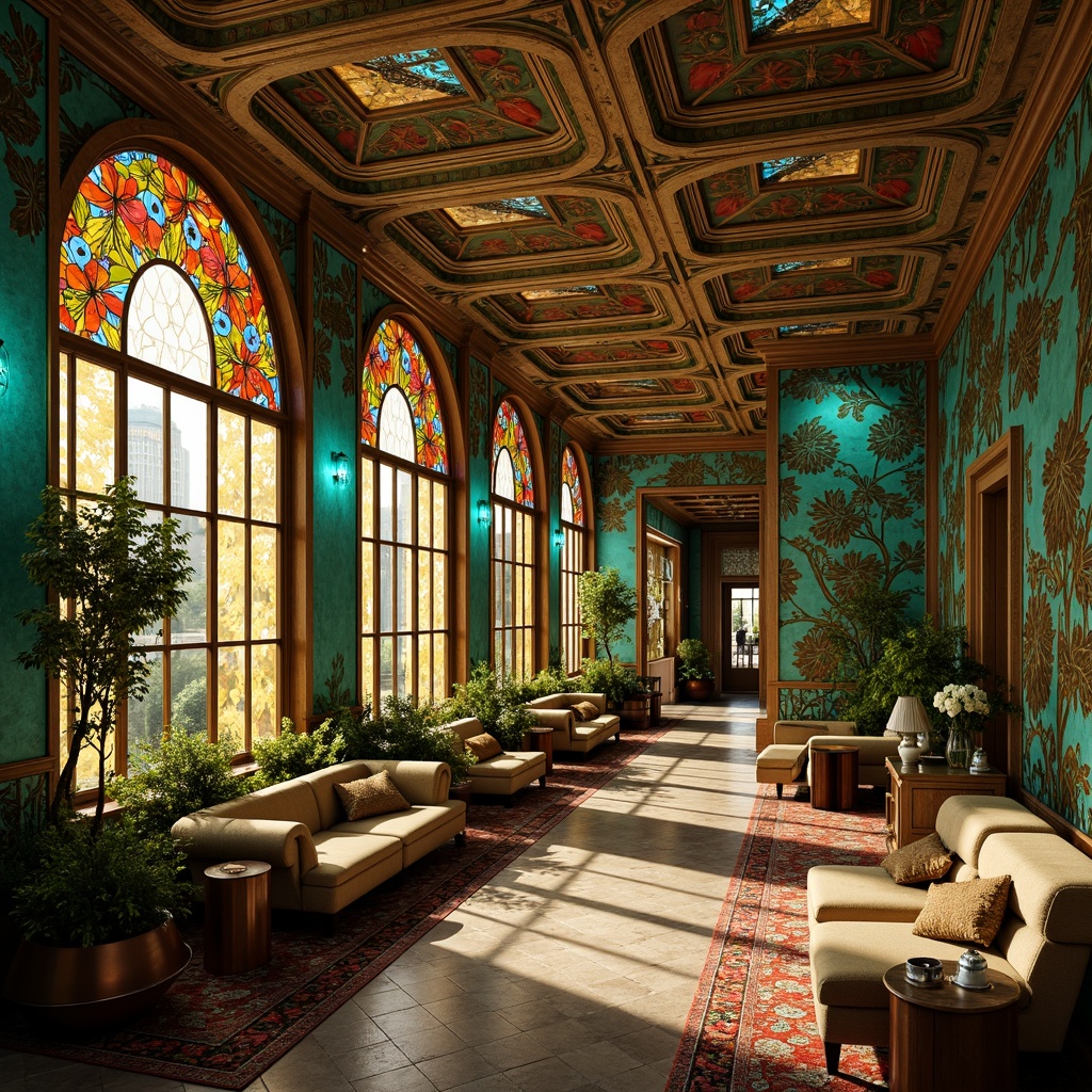 Prompt: Opulent Art Nouveau interior, flowing organic lines, sinuous curves, ornate metalwork, stained glass windows, iridescent hues, rich jewel tones, emerald green walls, sapphire blue accents, amber golden lighting, warm beige furnishings, intricate wood carvings, velvet textiles, floral patterns, whimsical motifs, soft warm glow, shallow depth of field, 1/1 composition, realistic textures, ambient occlusion.