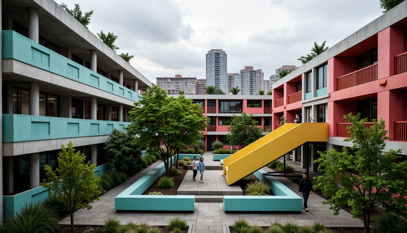 Prompt: Vibrant brutalist school building, bold concrete structures, industrial-style metal frames, geometric shape accents, pops of bright colors, turquoise lockers, yellow stair railings, red accent walls, greenery-filled courtyard, urban cityscape background, overcast cloudy sky, dramatic shadows, high-contrast lighting, 1/2 composition, close-up shots, gritty textures, atmospheric fog effects.