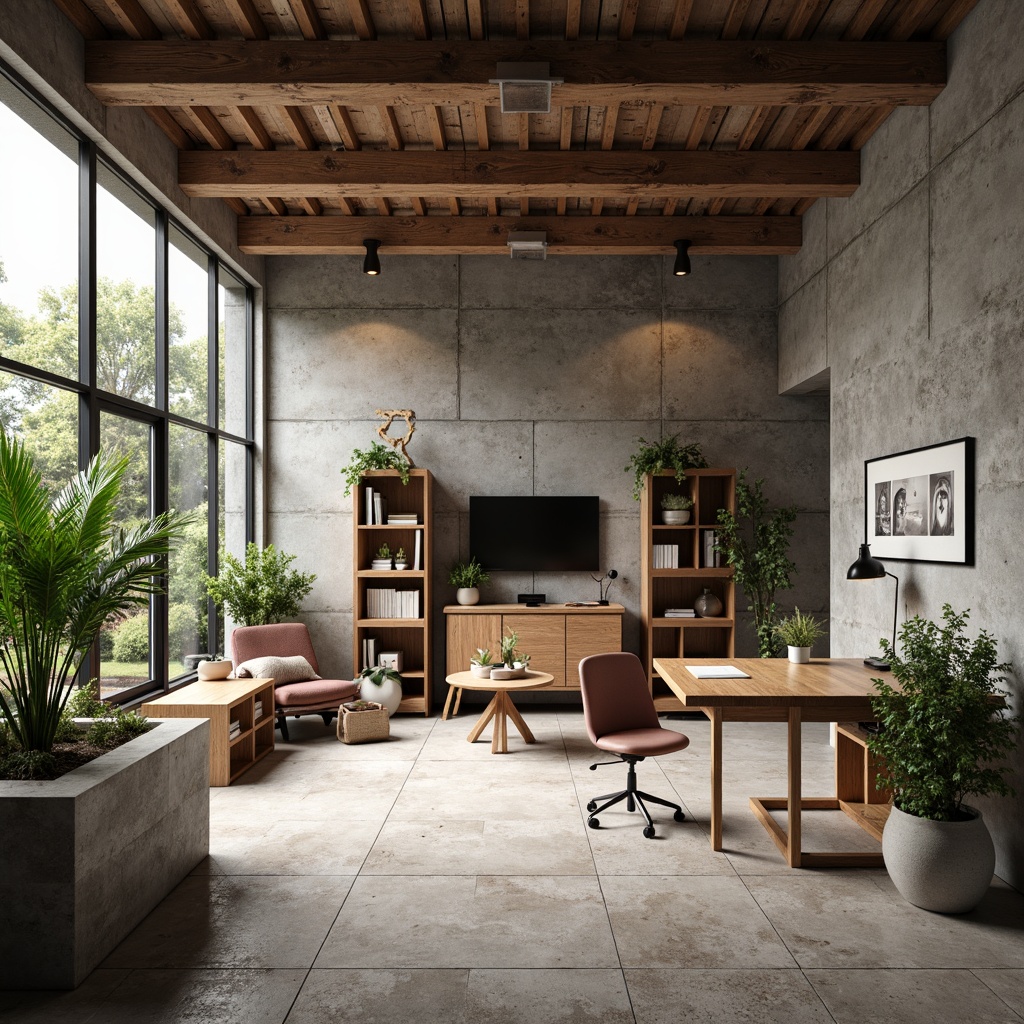 Prompt: Rugged concrete walls, industrial metal beams, raw wooden accents, spacious open layout, natural stone flooring, floor-to-ceiling windows, abundance of natural light, minimalist desk setup, ergonomic task chair, greenery-filled planters, geometric-shaped bookshelves, warm earthy color palette, cozy reading nook, soft warm lighting, shallow depth of field, 3/4 composition, realistic textures, ambient occlusion.