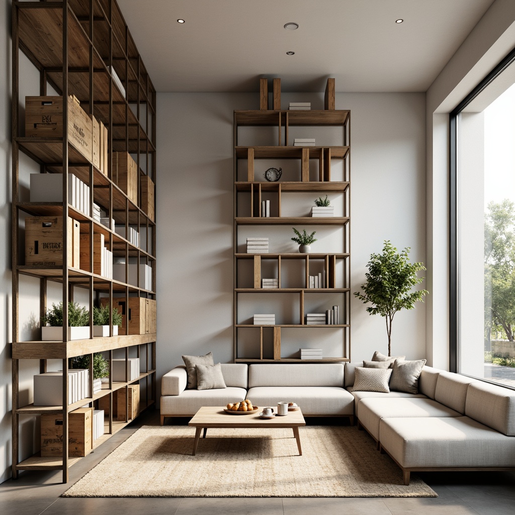 Prompt: Minimalist living room, open shelving system, industrial metal frames, wooden crates, functional storage, geometric patterns, monochromatic color scheme, natural materials, minimalist decor, modern Bauhaus influence, rectangular shapes, clean lines, abundant natural light, soft warm glow, 1/1 composition, shallow depth of field, realistic textures.