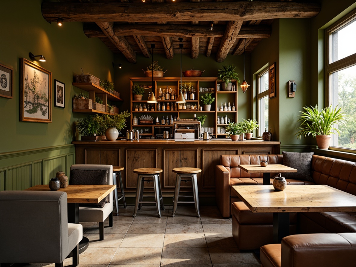 Prompt: Cozy bar interior, olive green walls, warm wooden accents, vintage metal stools, distressed leather sofas, rustic wooden tables, pendant lamps, natural stone flooring, earthy tone ceramics, woven wicker baskets, lush greenery, soft warm lighting, shallow depth of field, 1/2 composition, realistic textures, ambient occlusion.