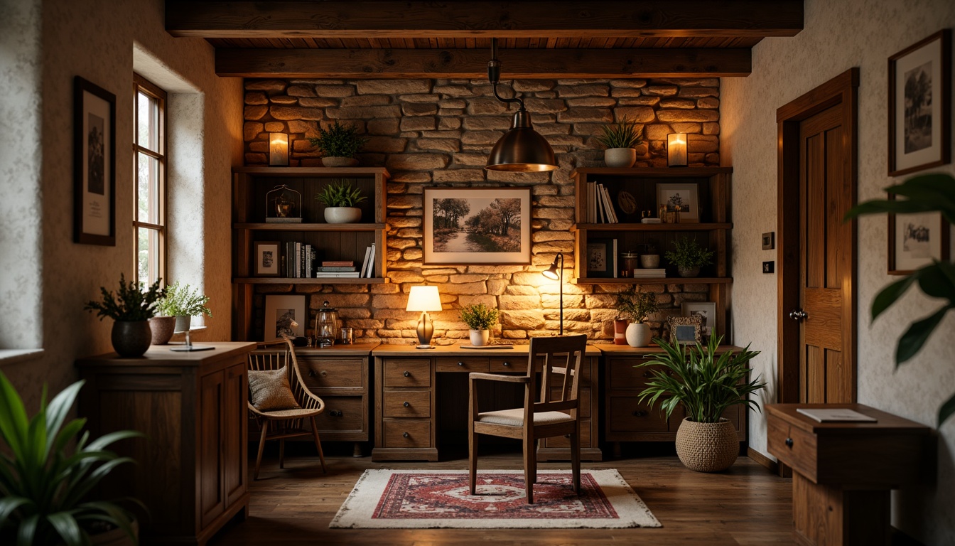 Prompt: Rustic home office, wooden desk, vintage chair, stone walls, exposed beams, warm candlelight, soft warm glow, table lamps, pendant lights, industrial metal shades, distressed wood accents, natural textiles, earthy color palette, cozy atmosphere, warm inviting ambiance, shallow depth of field, 1/1 composition, realistic textures, ambient occlusion.