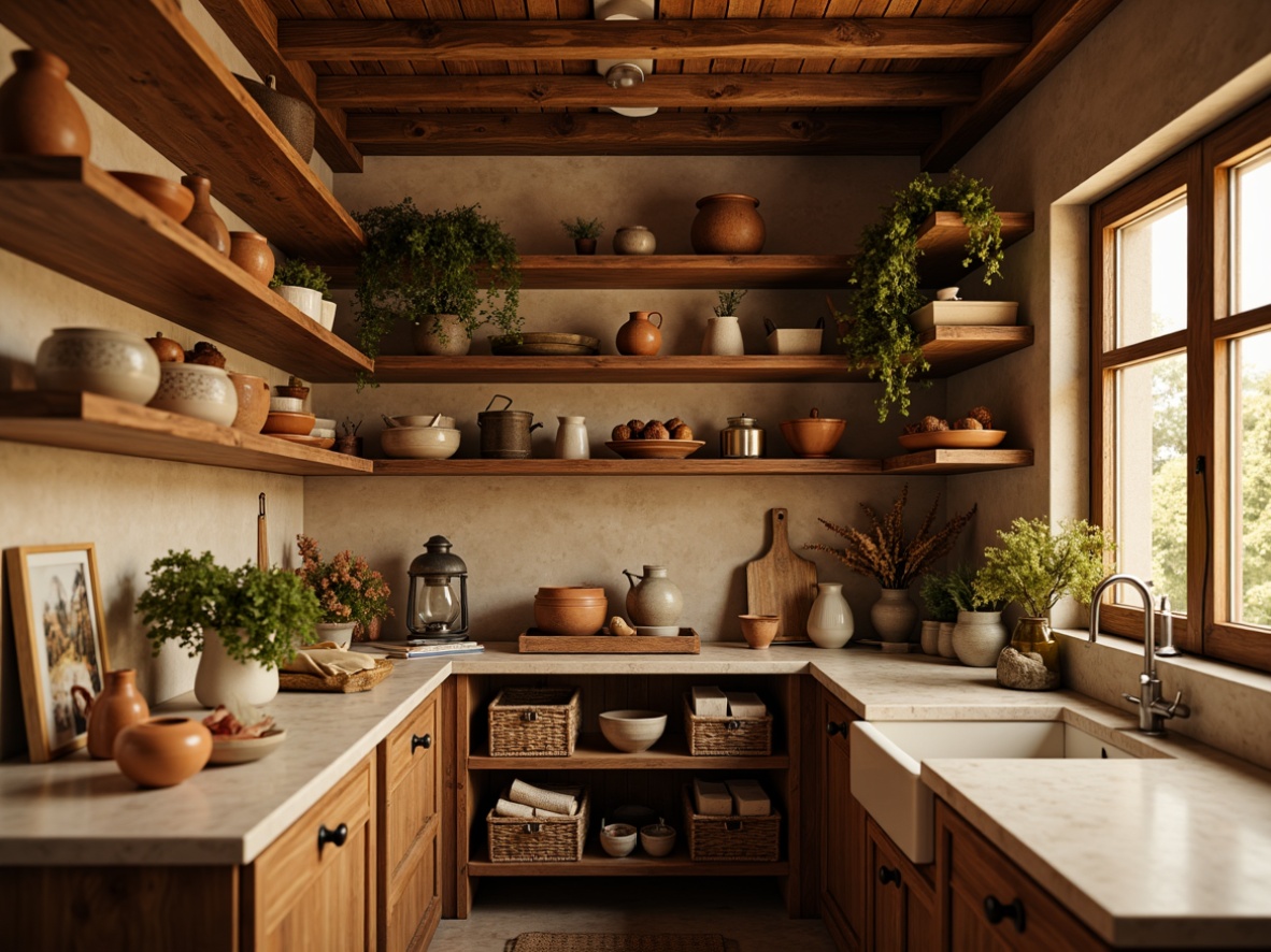 Prompt: Warm pantry interior, rustic wooden shelves, earthy terracotta pots, soft golden lighting, cozy atmosphere, natural stone countertops, woven baskets, vintage metal lanterns, warm beige walls, rich walnut cabinetry, creamy white ceramics, subtle texture variations, 3/4 composition, shallow depth of field, realistic rendering.