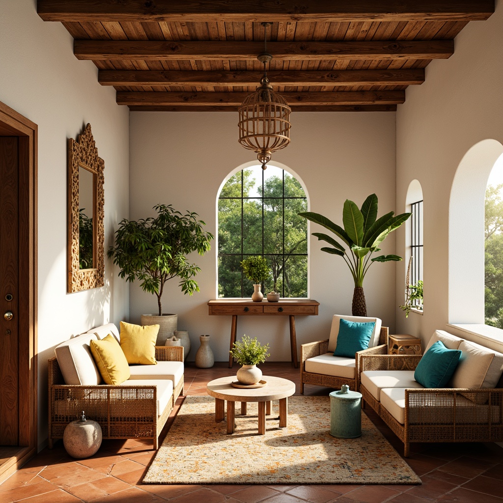 Prompt: Warm terracotta flooring, rustic wooden beams, soft white stucco walls, distressed wood accents, natural linen fabrics, woven rattan furniture, earthy ceramic tiles, sunny yellow hues, turquoise blue accents, ornate metalwork, vintage Moroccan patterns, lush greenery, fragrant citrus trees, warm golden lighting, shallow depth of field, 1/1 composition, realistic textures.