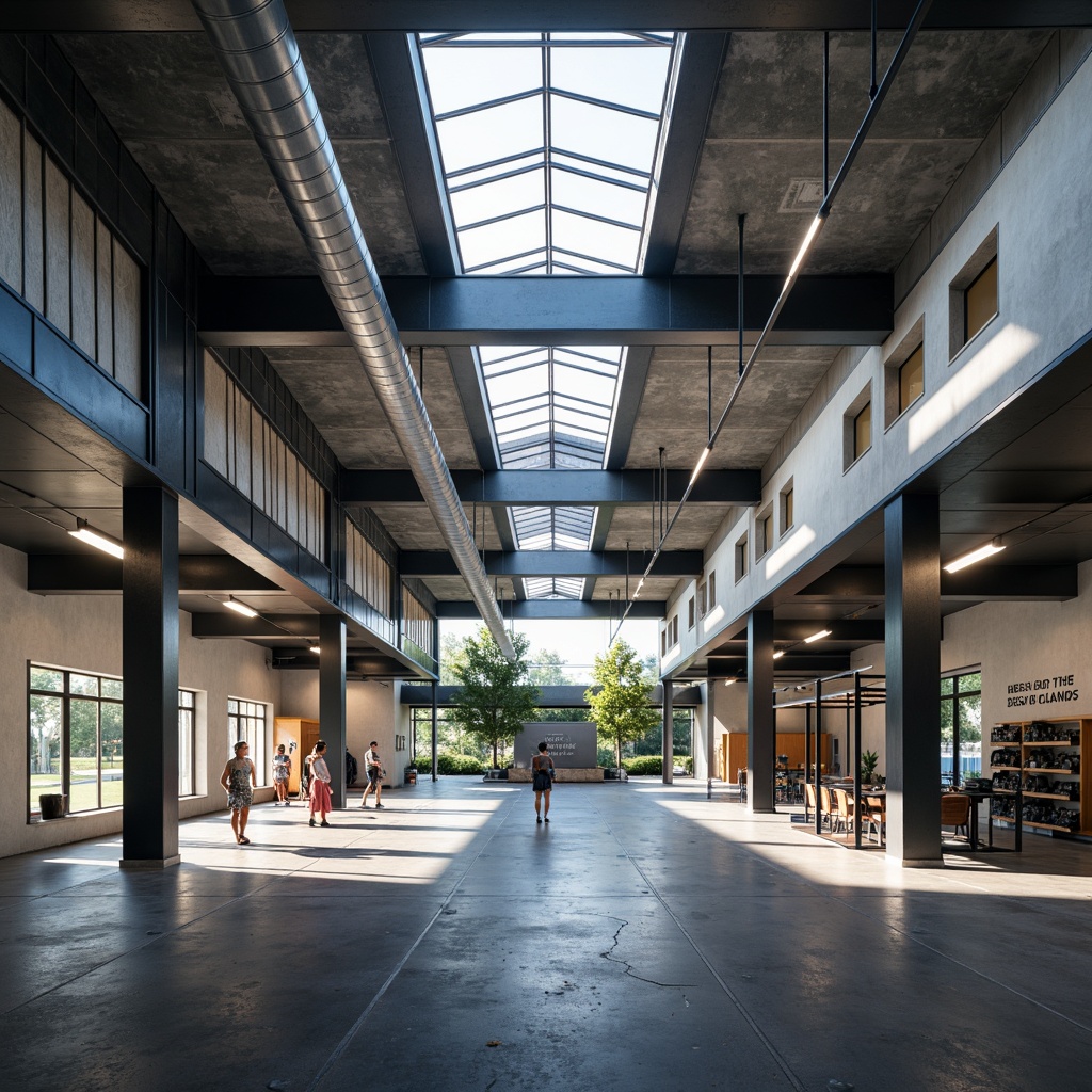 Prompt: Open-plan gymnasium interior, high ceilings, exposed ductwork, polished concrete floors, natural light pouring in through clerestory windows, minimalist industrial design, functional training zones, mirrored walls, rubber flooring, modern sports equipment, sleek metal beams, dynamic color schemes, motivational quotes, ambient lighting, shallow depth of field, 1/1 composition, realistic textures, soft shadows.