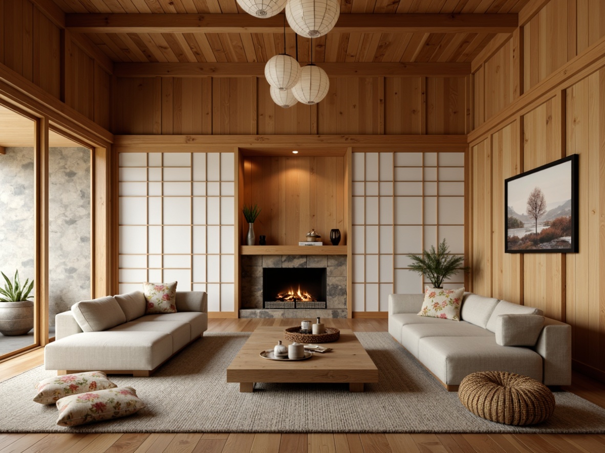 Prompt: Minimalist great room, natural wood tones, traditional Japanese shoji screens, sliding doors, low-seating sofas, woven bamboo chairs, rice paper lanterns, hand-painted silk fabrics, subtle floral patterns, earthy color palette, wooden floorboards, soft warm lighting, shallow depth of field, 3/4 composition, realistic textures, ambient occlusion.