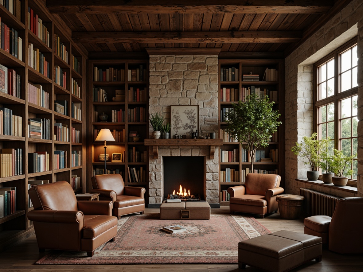 Prompt: Cozy library atmosphere, rustic wood textures, vintage bookshelves, worn leather armchairs, distressed stone walls, earthy color palette, warm soft lighting, rich wood tones, antique furniture pieces, classic novels, reading nooks, natural materials, exposed wooden beams, comfy reading areas, peaceful ambiance, shallow depth of field, 1/1 composition, realistic renderings, ambient occlusion.