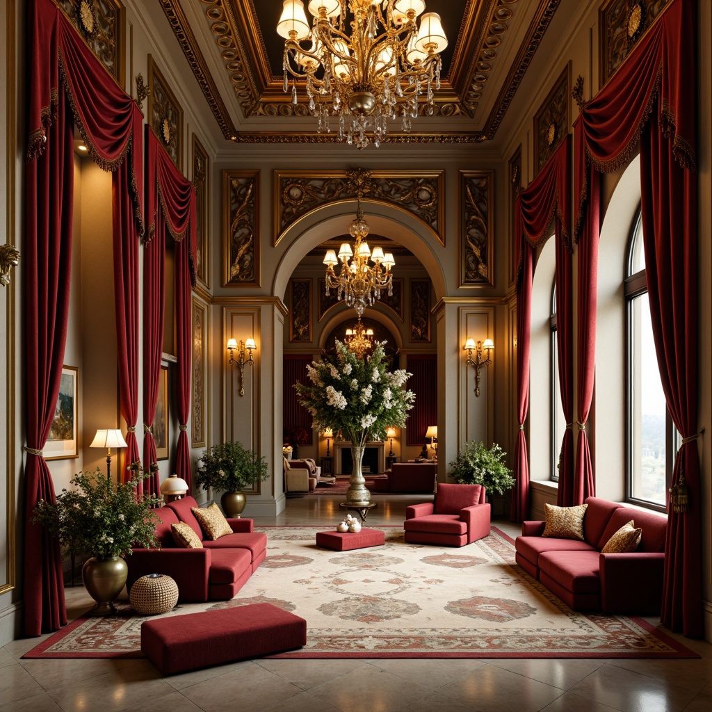 Prompt: Luxurious interior space, ornate furnishings, rich velvet fabrics, golden accents, crystal chandeliers, intricately carved wooden panels, marble flooring, lavish drapery, decorative vases, floral arrangements, elegant archways, sophisticated color palette, warm ambient lighting, shallow depth of field, 1/1 composition, realistic textures, subtle reflections.