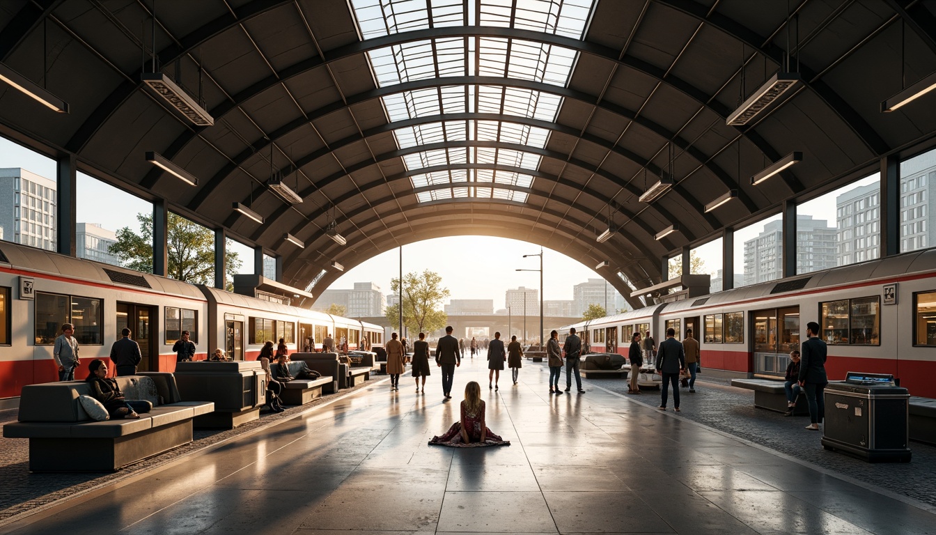 Prompt: Sleek train station, streamline moderne style, high ceilings, large windows, natural light, minimalist decor, industrial chic accents, polished metal fixtures, wooden benches, vintage luggage racks, modern ticketing systems, digital displays, urban cityscape views, busy atmosphere, morning rush hour, soft warm lighting, shallow depth of field, 1/1 composition, symmetrical architecture, realistic textures, ambient occlusion.