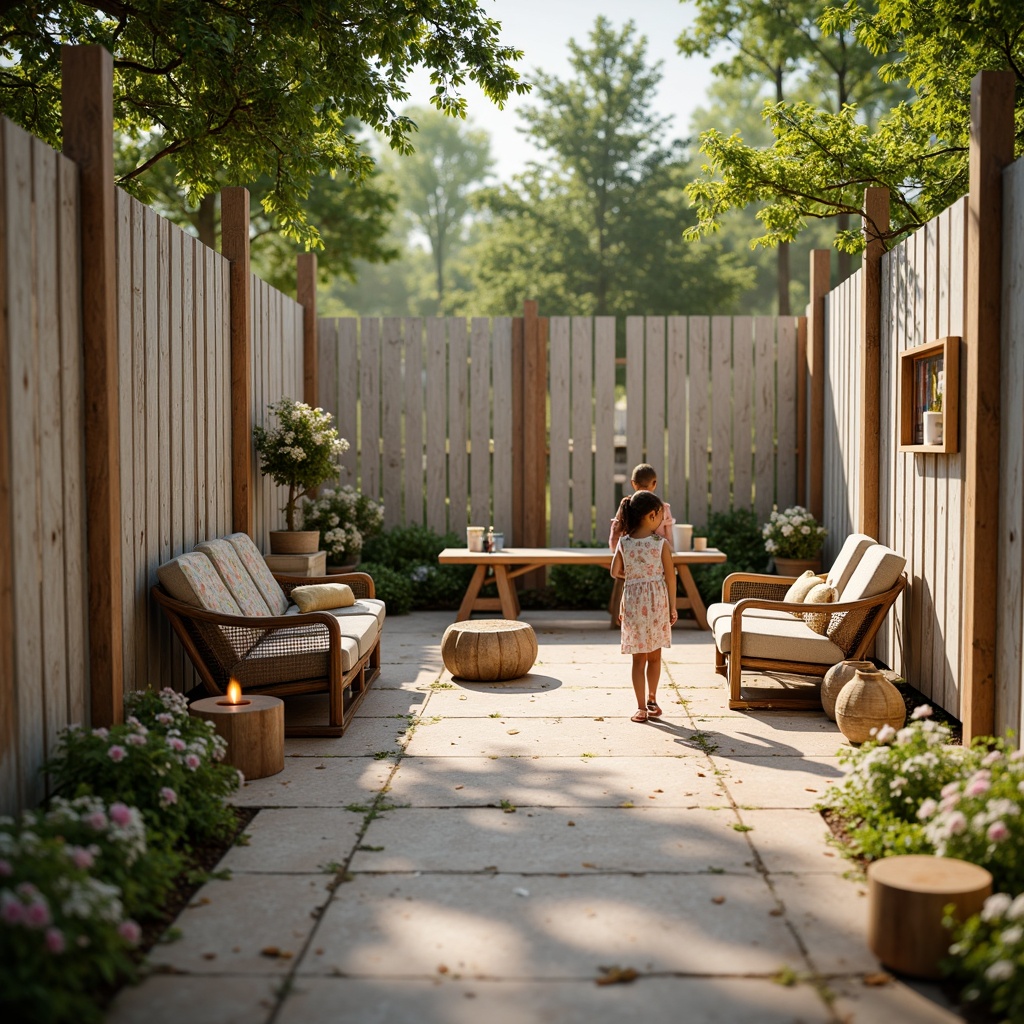 Prompt: Whimsical kindergarten playground, distressed wood fences, vintage-inspired play equipment, soft pastel colors, floral patterns, lace details, burlap fabrics, natural textures, woven wicker furniture, delicate ceramic tiles, warm candle lighting, shallow depth of field, 1/2 composition, intimate atmosphere, romantic garden scenery, lush greenery, blooming flowers, sunny afternoon, gentle warm breeze.