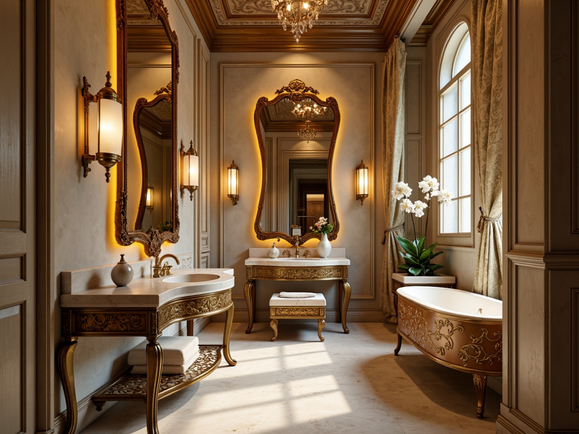 Prompt: Elegant powder room, ornate mirrors, intricately carved wooden panels, flowing organic patterns, soft golden lighting, lavish velvet drapes, antique furniture pieces, delicate porcelain vases, luxurious marble countertops, intricate metalwork, subtle pastel hues, whimsical botanical motifs, ornate bronze fixtures, curved lines, organic forms, rich textures, warm atmospheric ambiance, shallow depth of field, 1/2 composition, soft focus effect.