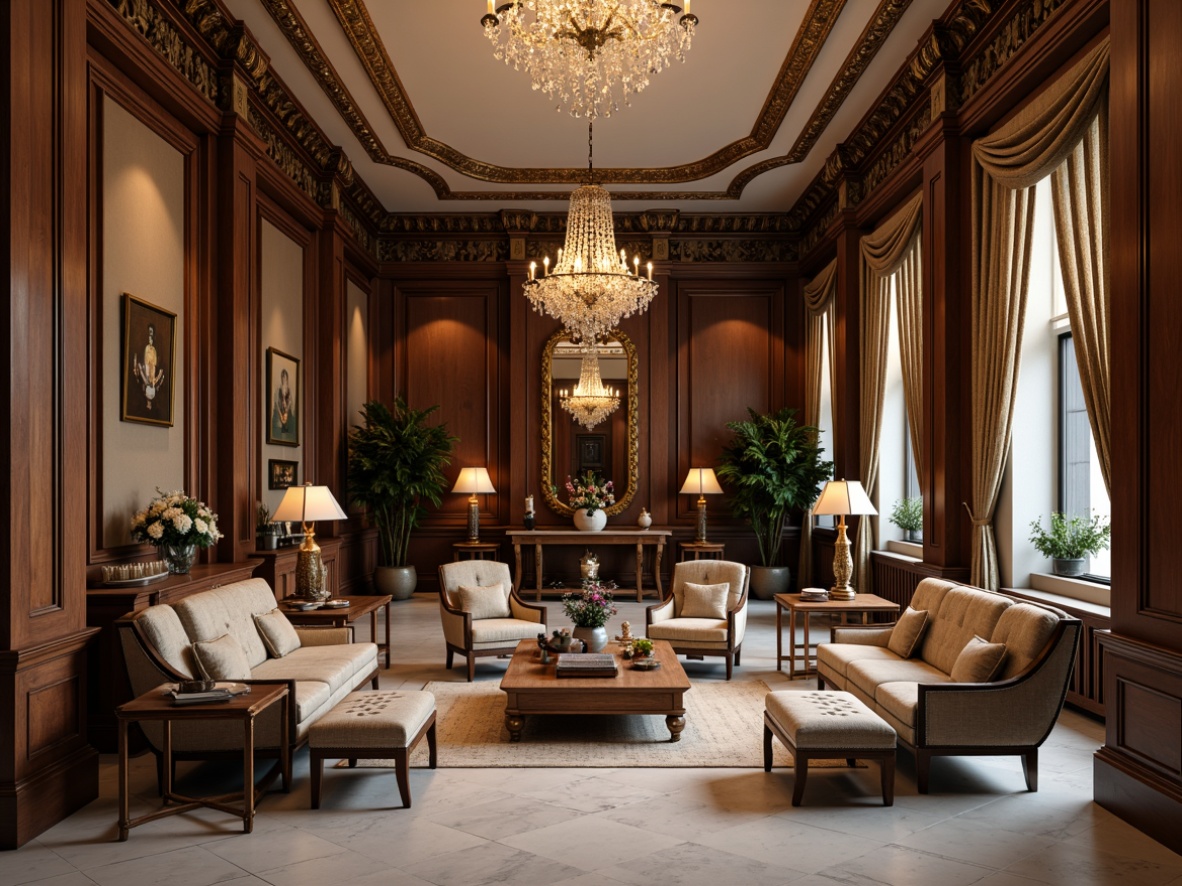 Prompt: Elegant neoclassical interior, ornate furnishings, curved lines, velvet upholstery, gilded accents, crystal chandeliers, marble floors, rich wood tones, carved mahogany, upholstered armchairs, tufted ottomans, intricate carvings, subtle patterns, neutral color palette, soft warm lighting, shallow depth of field, 1/1 composition, realistic textures, ambient occlusion.