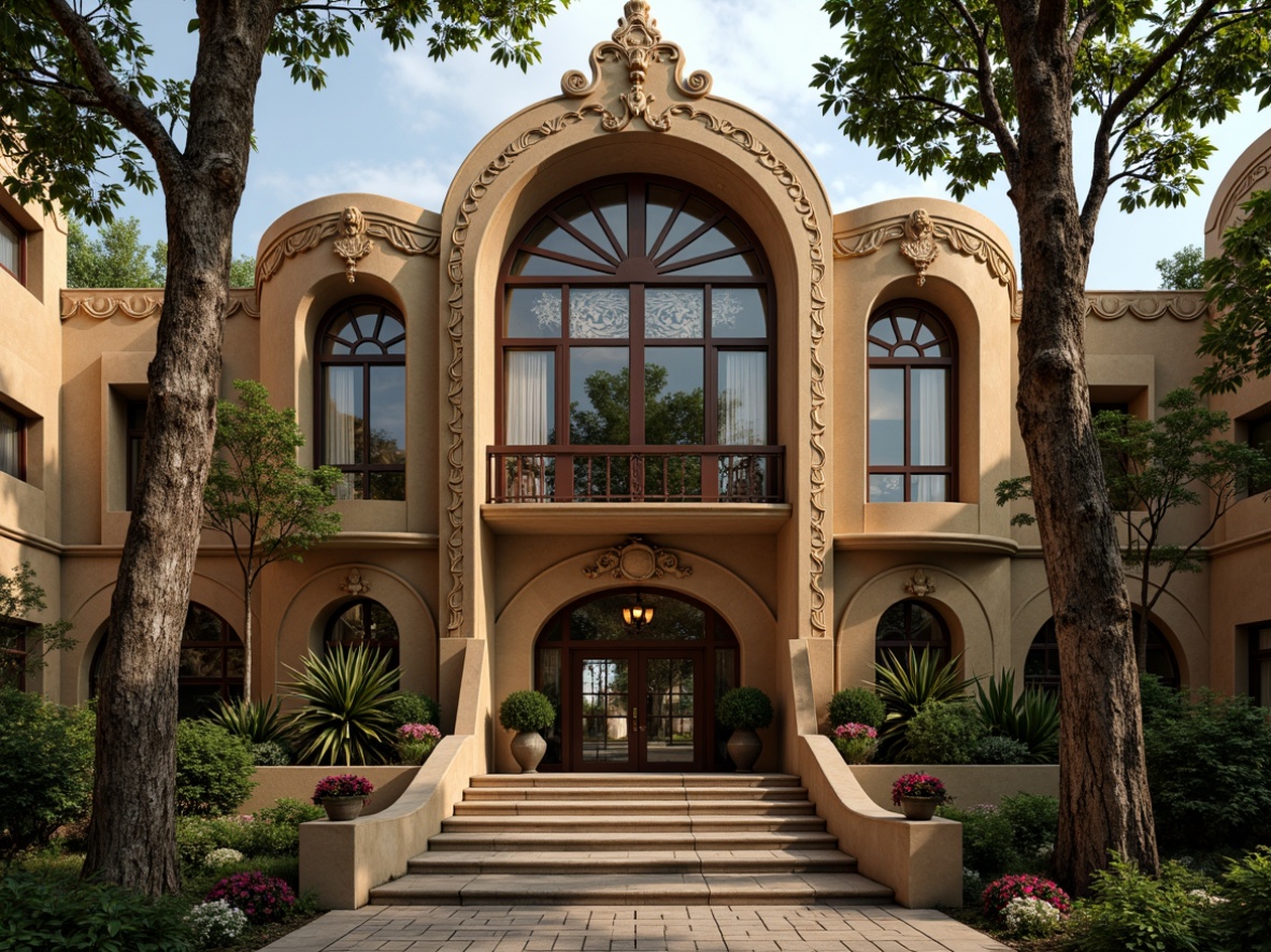 Prompt: Ornate Art Nouveau school building, sinuous lines, flowing curves, organic forms, stained glass windows, intricate ironwork, ornamental stonework, floral patterns, botanical motifs, natural materials, warm earth tones, soft diffused lighting, 1/2 composition, low-angle shot, atmospheric perspective, whimsical textures, subtle color gradations.