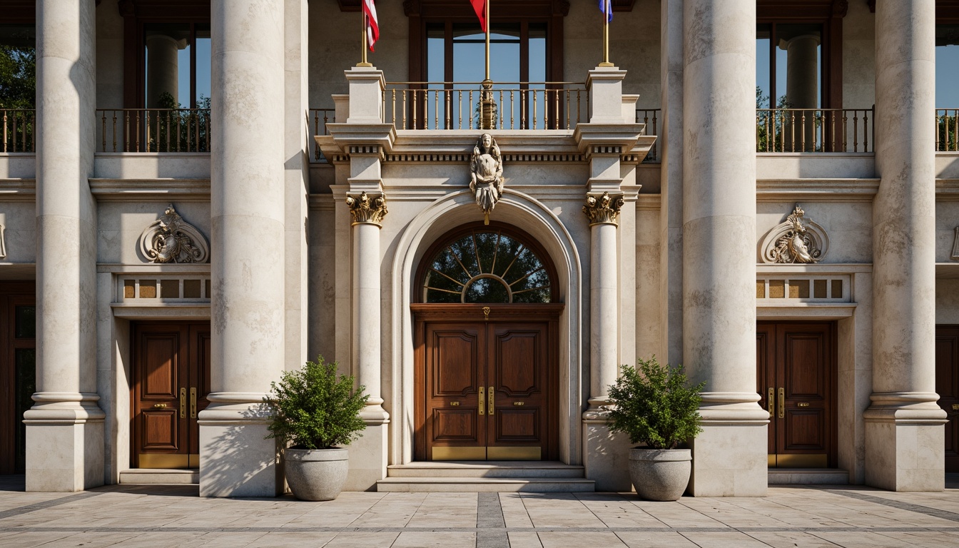 Prompt: Grandiose courthouse building, neoclassical facade, ornate columns, carved stonework, intricate moldings, rusticated quoins, symmetrical composition, grand entrance archway, heavy wooden doors, bronze hardware, ornamental metalwork, patterned floor tiles, high ceilings, large windows, classical pediments, judicial symbols, national flags, solemn atmosphere, soft natural lighting, shallow depth of field, 1/2 composition, realistic textures, ambient occlusion.