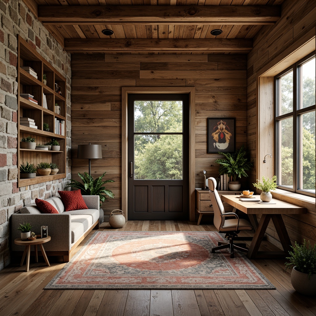 Prompt: Rustic home office, wooden plank walls, earthy tones, natural textures, reclaimed wood accents, stone feature walls, rugged brick surfaces, distressed finishes, vintage decorative items, cozy reading nooks, warm task lighting, industrial metal shelving, ergonomic wooden desks, plush area rugs, forest-inspired color palette, soft afternoon sunlight, shallow depth of field, 1/2 composition, realistic wood grain textures.