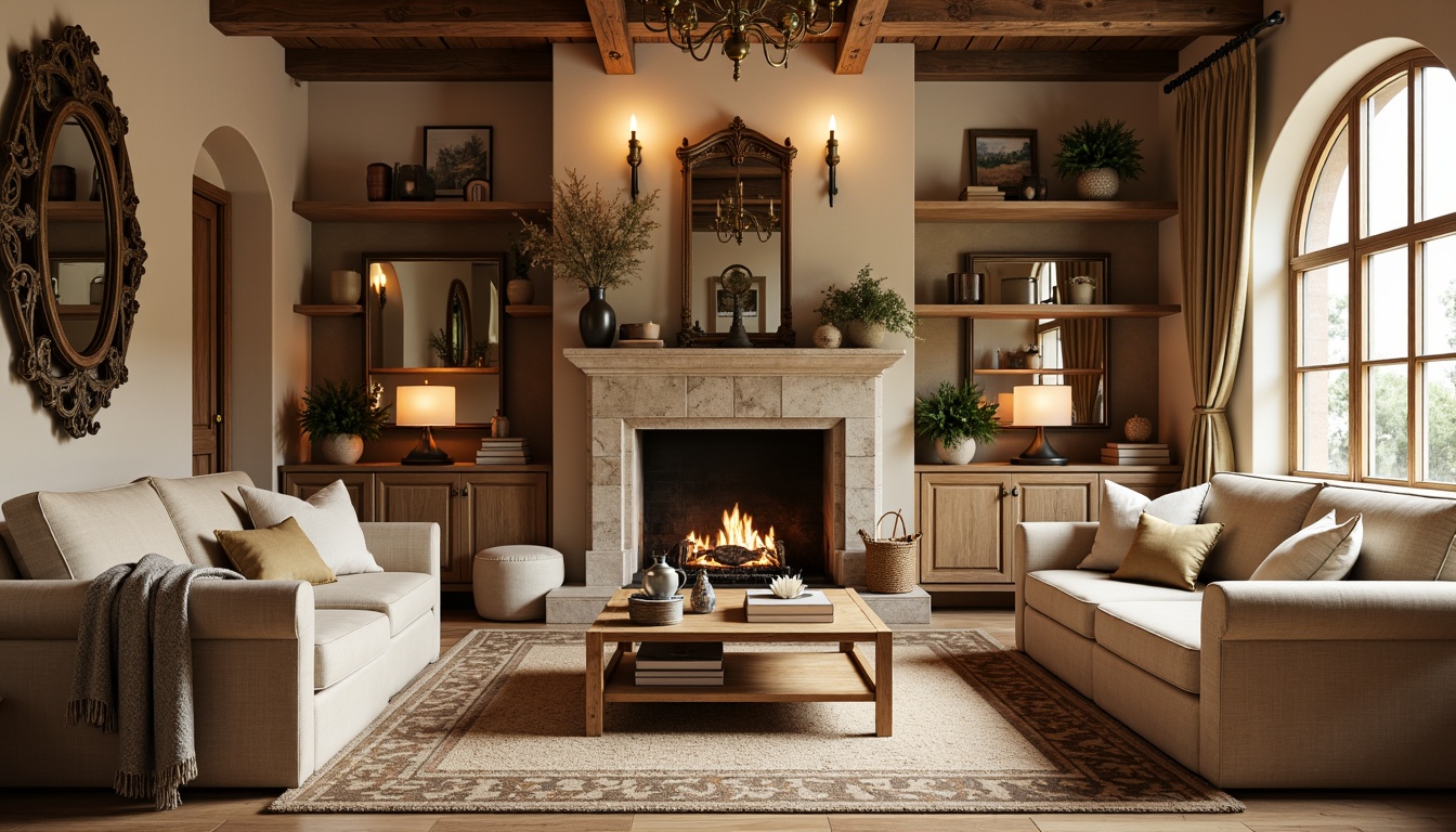 Prompt: Cozy family room, French country style, warm beige walls, distressed wood accents, rustic stone fireplace, plush furniture, soft golden lighting, rich velvet drapes, ornate wooden mirrors, elegant chandeliers, vintage decorative items, natural woven rugs, earthy color palette, traditional European-inspired decor, comfortable seating areas, built-in bookshelves, warm neutral tones, inviting atmosphere, 1/2 composition, warm soft focus, realistic textures.