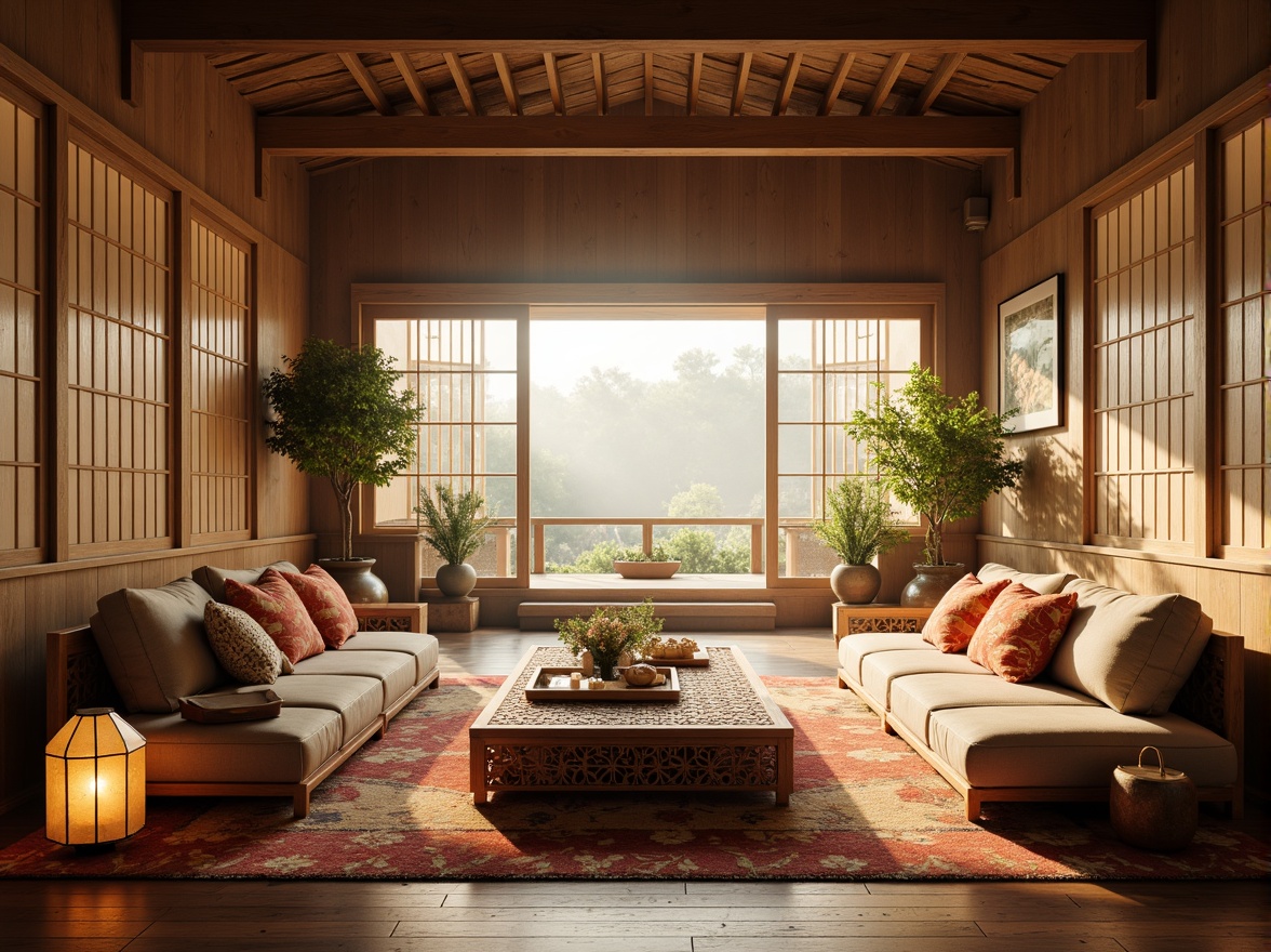 Prompt: Traditional Asian-inspired great room, natural wood tones, low-seating sofas, intricately carved wooden coffee tables, paper lanterns, bamboo accents, vibrant silk fabrics, subtle floral patterns, minimalist decor, natural fiber rugs, sliding shoji screens, warm ambient lighting, soft golden hues, 1/1 composition, realistic textures, atmospheric fog.