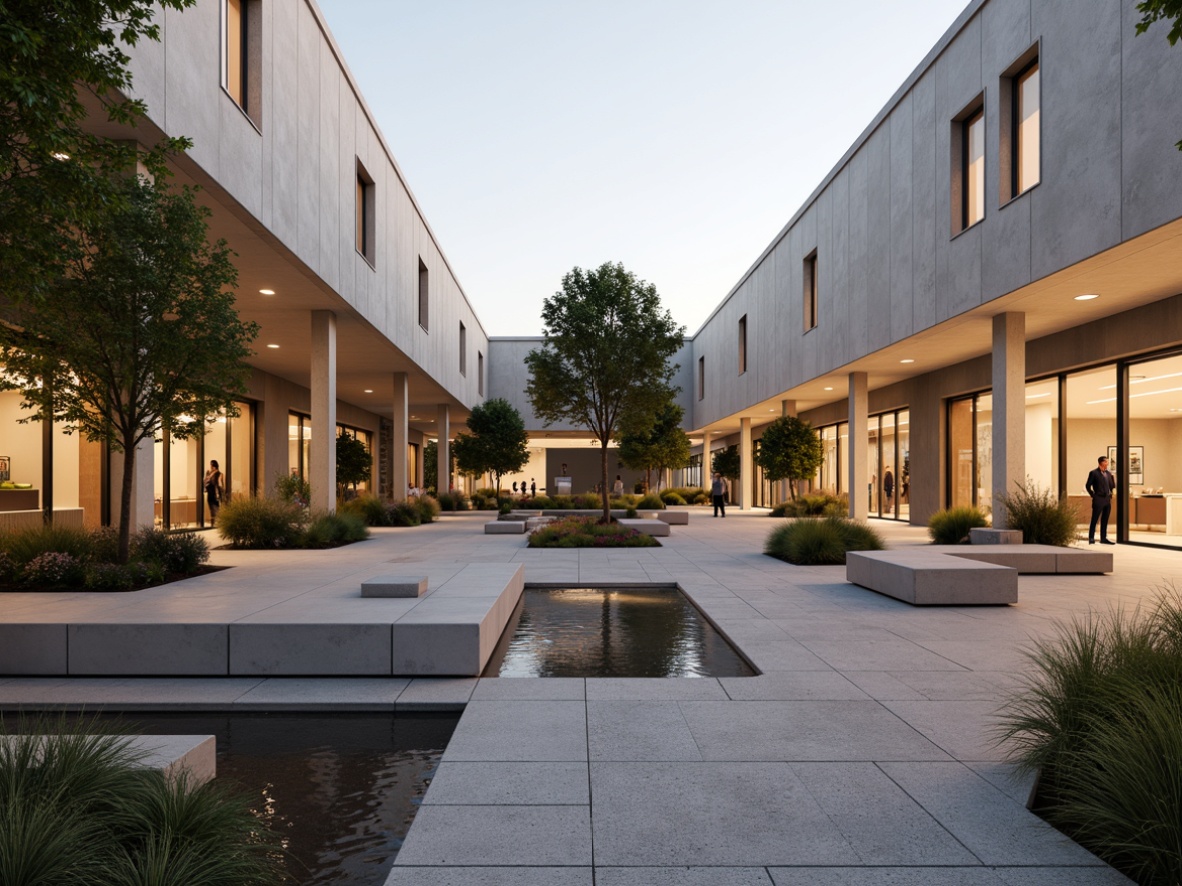 Prompt: Minimalist campus courtyard, soft warm lighting, subtle shadows, sleek metal benches, simple water features, natural stone pathways, modern architecture, large glass windows, minimalist landscaping, sparse tree placement, calm atmosphere, softbox lights, warm color temperature, high ceilings, open spaces, 1/1 composition, realistic textures, ambient occlusion.