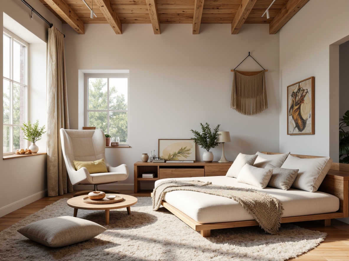 Prompt: Cozy Nordic interior, natural wood accents, woven wool fabrics, soft pastel hues, minimal ornamentation, functional simplicity, ergonomic furniture, plush throw blankets, geometric patterned rugs, organic cotton upholstery, earthy tones, subtle texture contrasts, warm ambient lighting, shallow depth of field, 1/1 composition, realistic fabric renderings, ambient occlusion.