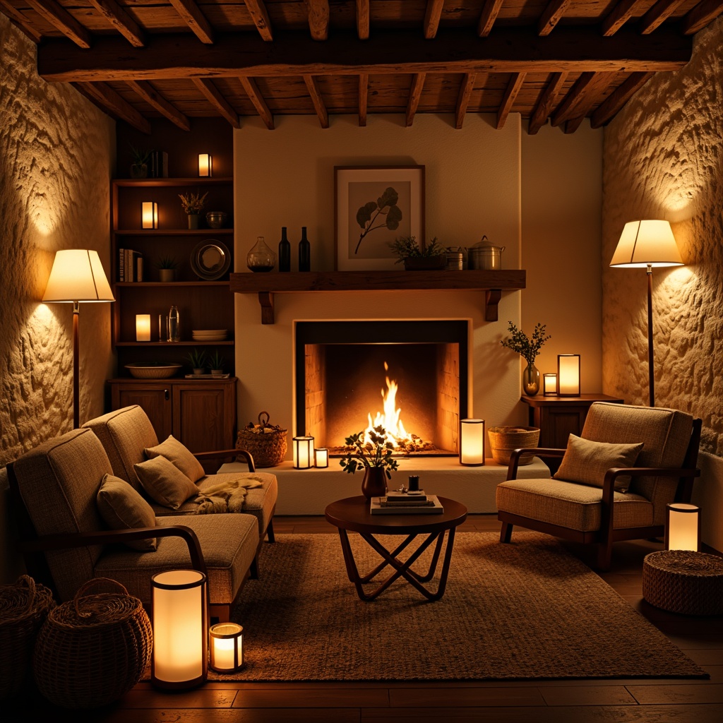 Prompt: Warm candlelight, soft glowing lanterns, dimmed overhead lighting, cozy reading nooks, plush throw blankets, rustic wooden accents, crackling fireplace, ambient floor lamps, golden warm tones, creamy whites, earthy terracotta, intimate seating areas, velvety textures, gentle shadows, relaxed atmosphere, 1/2 composition, soft focus, shallow depth of field, natural stone walls, woven baskets, vintage decorative items.