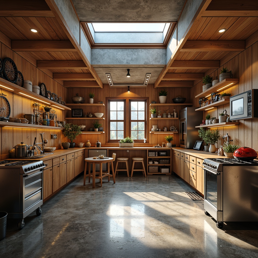 Prompt: Cozy family garage, warm color scheme, wooden cabinetry, metal tools, sports equipment, bicycles, storage shelves, LED strip lights, recessed lighting, pendant lamps, natural stone flooring, epoxy-coated concrete walls, modern industrial architecture, large skylights, clerestory windows, soft ambient lighting, 1/1 composition, shallow depth of field, realistic metallic reflections.