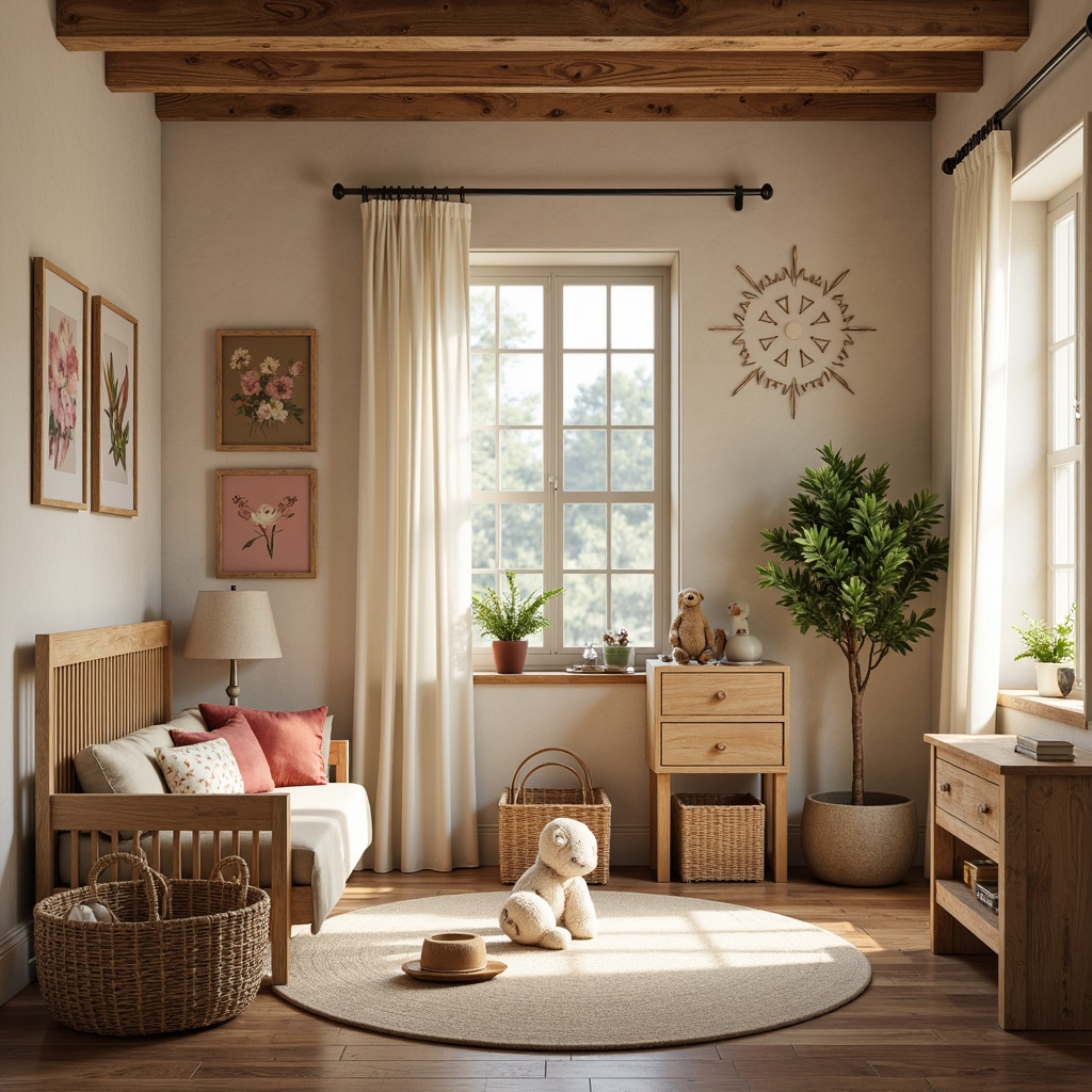 Prompt: Rustic nursery, reclaimed wood accents, distressed finishes, vintage baby furniture, soft peach tones, muted sage greens, creamy whites, warm beige textures, natural linen fabrics, woven baskets, earthy terracotta pots, delicate floral patterns, subtle wooden grain details, cozy reading nook, plush area rug, warm golden lighting, shallow depth of field, 1/1 composition, intimate atmosphere, realistic wood textures, ambient occlusion.