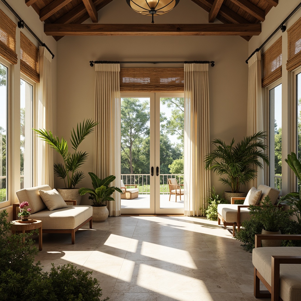 Prompt: Elegant sunroom, floor-to-ceiling windows, natural linen drapes, flowing silk curtains, wooden Venetian blinds, rattan roller shades, soft sheer fabrics, billowy valances, ornate metal rods, sleek glass doors, tropical plants, warm sunny day, dappled light filtering, shallow depth of field, 1/1 composition, realistic textures, ambient occlusion.