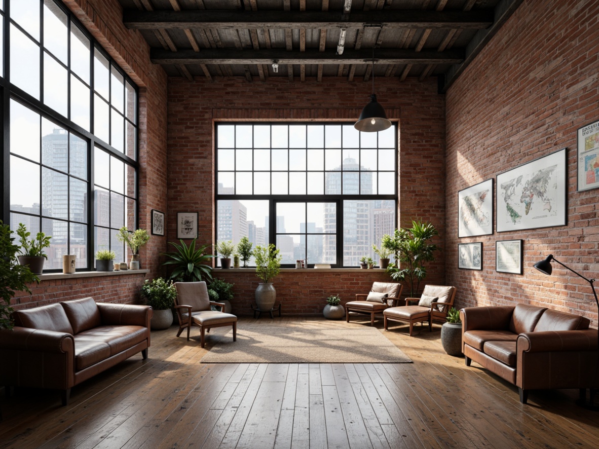 Prompt: Exposed brick walls, industrial metal beams, reclaimed wooden floors, modern minimalist furniture, eclectic decorative accents, vintage educational charts, distressed leather sofas, urban cityscape views, large factory-style windows, neutral color palette, soft warm lighting, shallow depth of field, 3/4 composition, realistic textures, ambient occlusion.