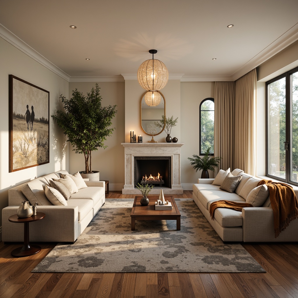 Prompt: Luxurious living room, rich wood flooring, plush area rugs, comfortable sofas, elegant coffee tables, stylish pendant lights, cream-colored walls, soft beige curtains, natural stone fireplace, cozy throw blankets, warm ambient lighting, shallow depth of field, 1/2 composition, realistic textures, ambient occlusion.