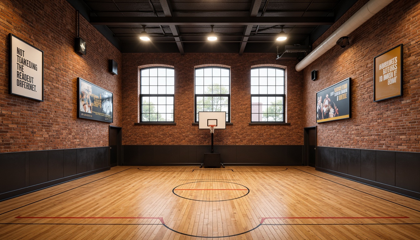 Prompt: Rustic gymnasium interior, exposed brick walls, industrial-style lighting, wooden sports flooring, basketball hoops, athletic equipment, motivational quotes, natural stone accents, metal beams, urban loft atmosphere, warm earthy tones, softbox lighting, shallow depth of field, 1/2 composition, realistic textures, ambient occlusion.