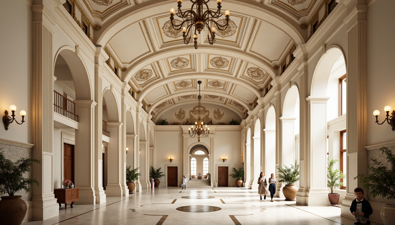 Prompt: Grand community hall, high ceilings, ornate moldings, elegant chandeliers, symmetrical compositions, classical columns, arches, domes, soft warm lighting, creamy white walls, rich wood accents, polished marble floors, intricate fresco patterns, subtle gold details, ornamental ceiling medallions, delicate stucco textures, realistic ambient occlusion, 1/2 composition, slightly overexposed highlights.