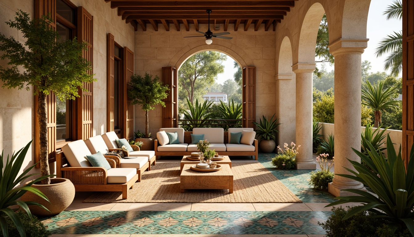 Prompt: Warm beige stone walls, rustic wooden accents, lush greenery, palm trees, ornate tilework, vibrant turquoise hues, intricate Moorish patterns, natural textiles, woven rattan furniture, earthy ceramics, warm terracotta flooring, soft golden lighting, shallow depth of field, 1/1 composition, panoramic view, realistic textures, ambient occlusion.