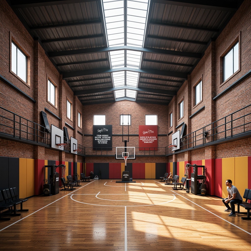 Prompt: Rustic gymnasium interior, exposed brick walls, industrial chic aesthetic, polished wooden floors, metallic beams, vibrant athletic colors, sports equipment, basketball hoops, fitness machines, motivational quotes, natural light pouring through clerestory windows, warm cozy ambiance, shallow depth of field, 1/2 composition, realistic textures, ambient occlusion.