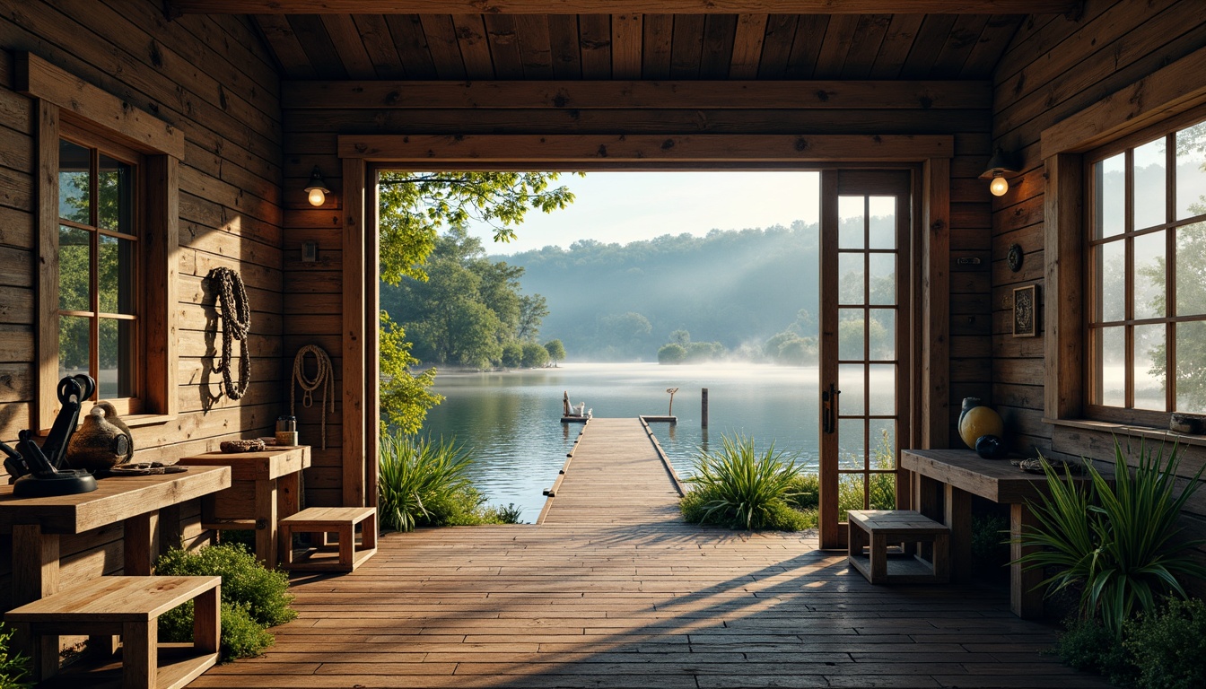 Prompt: Rustic boathouse, weathered wooden docks, serene lake views, nautical ropes, vintage anchors, distressed finishes, earthy tones, mossy greens, sky blue reflections, warm golden lighting, misty mornings, soft focus, 1/2 composition, natural textures, ambient occlusion.