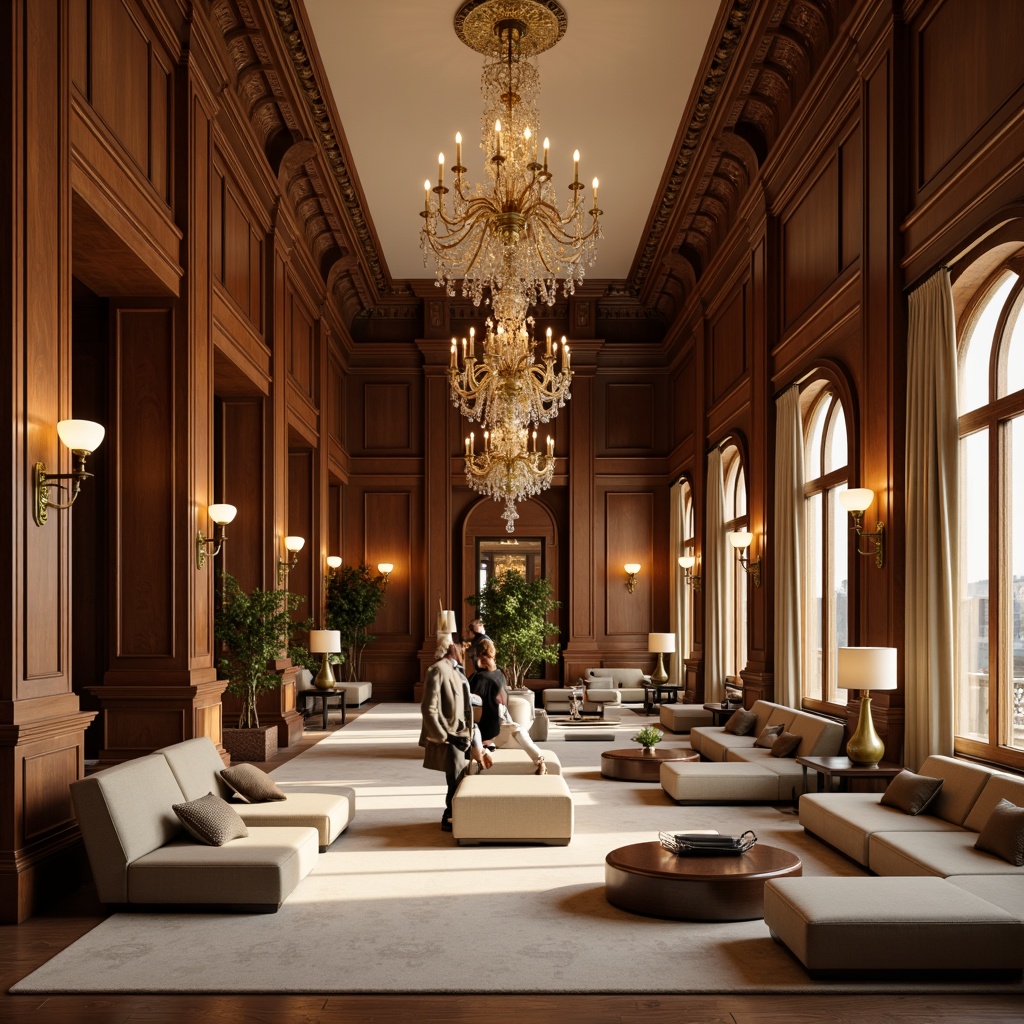 Prompt: Rich wood paneling, ornate moldings, elegant columns, grand chandeliers, refined furniture, luxurious upholstery, subtle wall sconces, warm beige colors, soft ambient lighting, shallow depth of field, 1/1 composition, realistic textures, ambient occlusion.