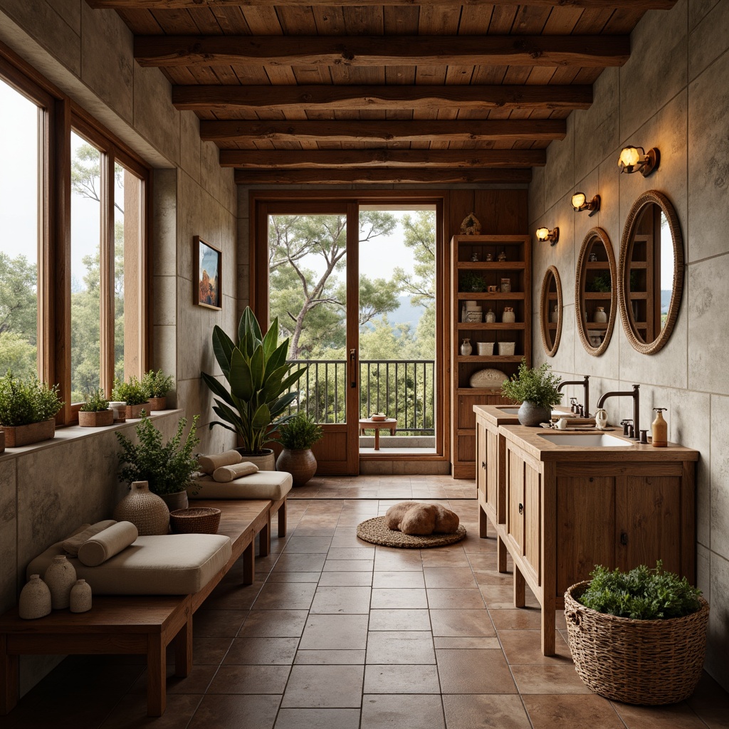 Prompt: Rustic bathroom, wooden accents, earthy tones, natural stone walls, vintage fixtures, copper pipes, distressed wood cabinets, woven baskets, earthy ceramics, soft warm lighting, shallow depth of field, 3/4 composition, realistic textures, ambient occlusion.