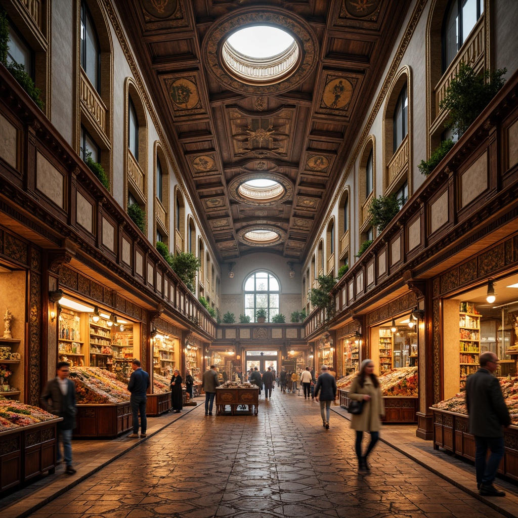 Prompt: Grand market hall, ornate Renaissance architecture, intricately carved wooden accents, gilded details, vibrant frescoes, arched windows, ornamental ironwork, rustic stone floors, rich velvet textiles, intricate mosaic patterns, warm golden lighting, soft focus, shallow depth of field, 1/1 composition, realistic textures, ambient occlusion, lively market atmosphere, bustling crowd scenes.