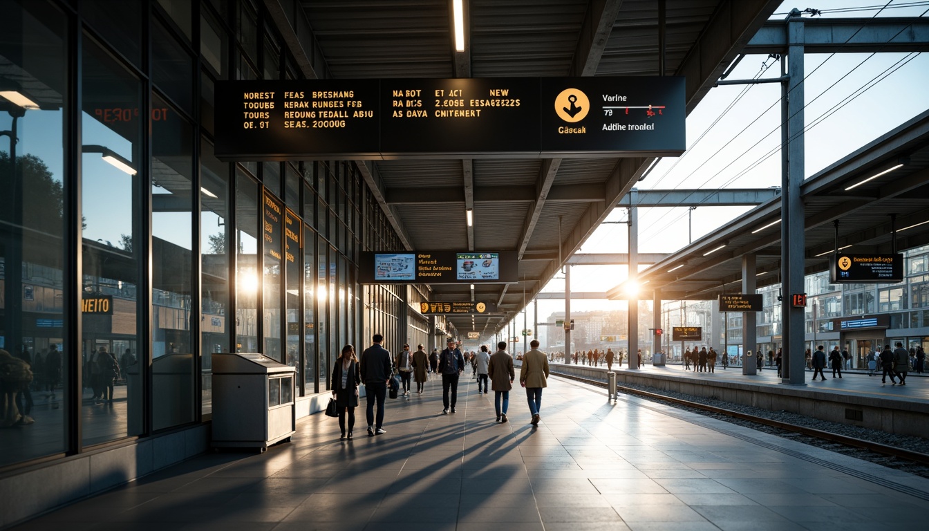 Prompt: Modern train station, sleek signage, illuminated lettering, wayfinding systems, directional arrows, platform indicators, arrival/departure boards, digital displays, real-time information, stainless steel fixtures, glass panels, minimalist aesthetic, industrial materials, urban atmosphere, busy commuters, morning rush hour, natural light pouring in, high ceiling, airy feel, shallow depth of field, 1/2 composition, realistic reflections, ambient occlusion.