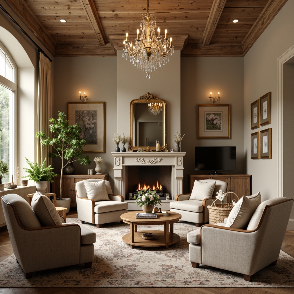 Prompt: Cozy family room, soft warm beige walls, rustic wooden accents, distressed finishes, vintage furniture pieces, plush velvet armchairs, ornate gold frames, elegant crystal chandeliers, rich wood paneling, natural stone fireplaces, cream-colored drapes, subtle floral patterns, calming neutral tones, warm candlelight, inviting textured rugs, classic French Country style, soft focus photography, shallow depth of field, 1/2 composition, warm golden lighting.