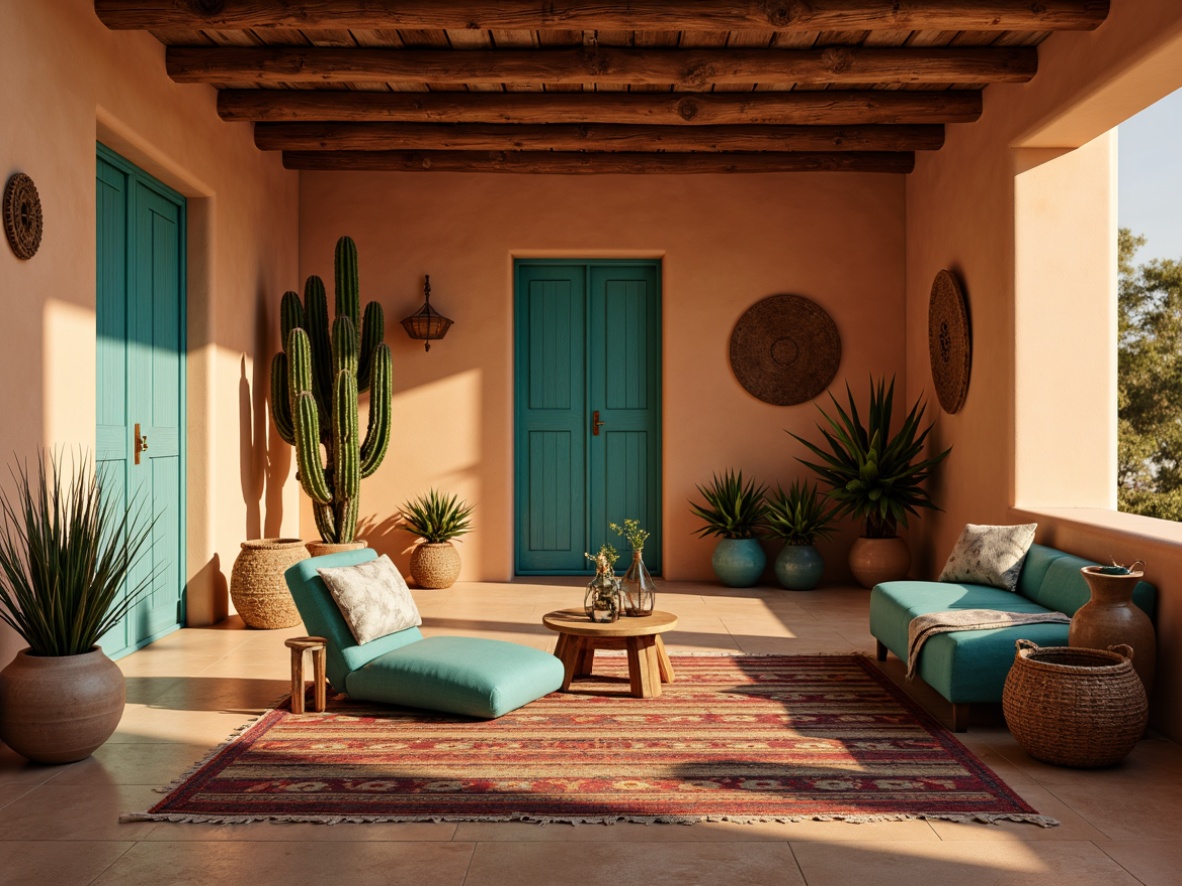 Prompt: Vibrant turquoise accents, earthy terracotta tones, warm beige adobe walls, rich sienna wood furniture, colorful woven textiles, geometric patterned rugs, natural fiber baskets, rustic metal decor, desert botanicals, cactus silhouettes, warm golden lighting, soft ambient glow, 1/1 composition, intimate cozy atmosphere, realistic earthy textures, subtle shadowing.