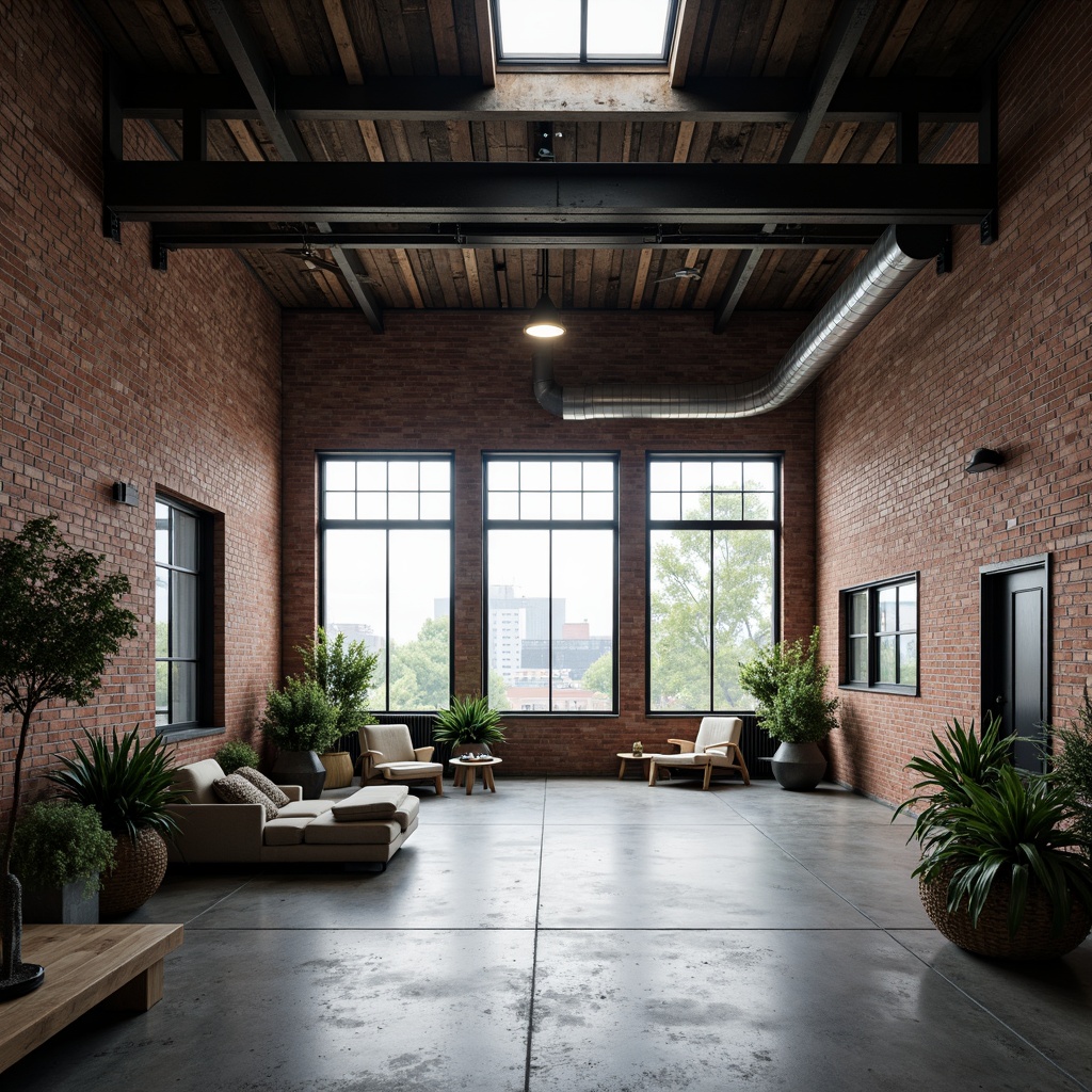 Prompt: Industrial warehouse, exposed brick walls, metal beams, polished concrete floors, minimalist decor, functional lighting, reclaimed wood accents, sparse greenery, industrial machinery, urban landscape views, overcast skies, soft natural light, shallow depth of field, 1/1 composition, cinematic atmosphere, realistic textures, ambient occlusion.