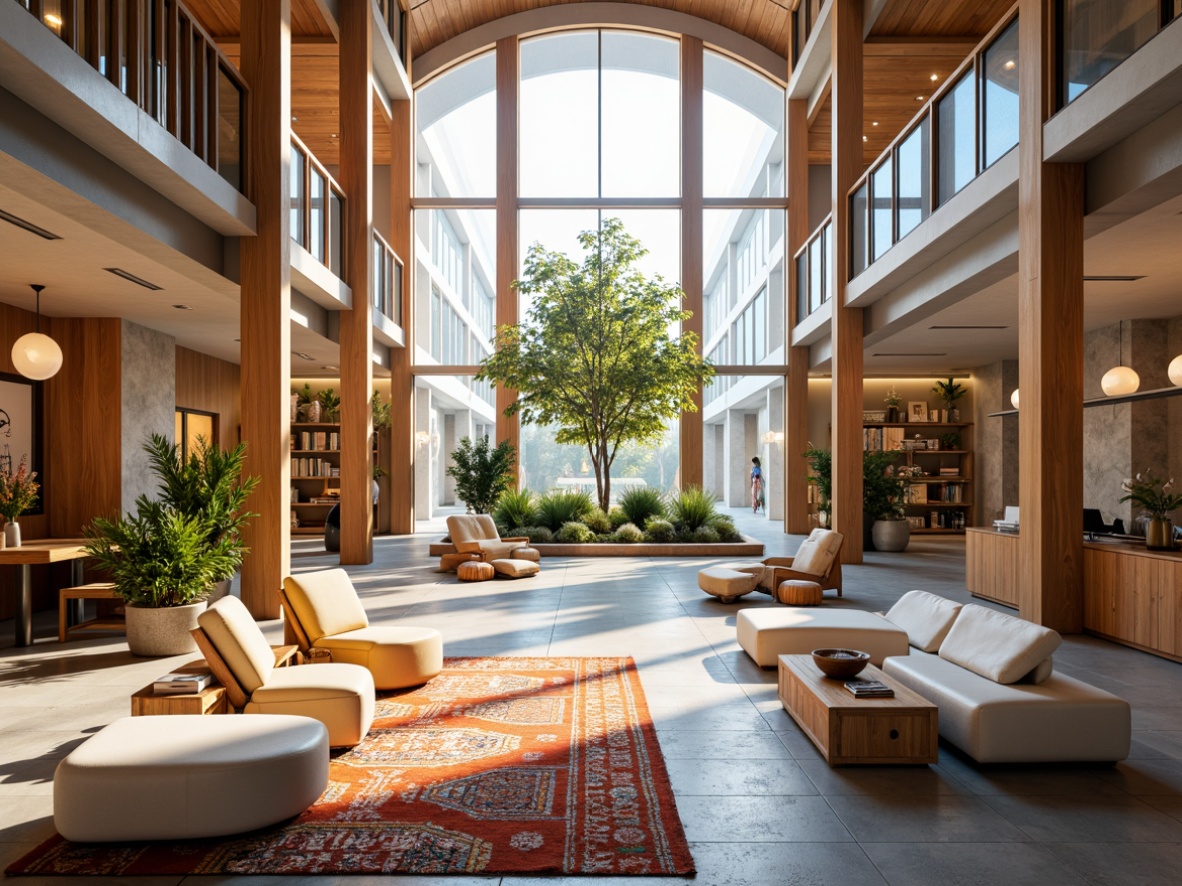 Prompt: Light-filled atrium, minimalist wooden architecture, Nordic-inspired furniture, natural stone flooring, floor-to-ceiling windows, cozy reading nooks, vibrant textile art pieces, geometric patterned rugs, modern sculpture installations, soft warm lighting, shallow depth of field, 1/1 composition, panoramic view, realistic textures, ambient occlusion, serene atmosphere, organic coffee shop, lush greenery, wooden accents, bespoke wooden shelves, Scandinavian design elements, Nordic color palette, functional minimalism, open-plan layout, collaborative workspaces, inspiring quotes, artistic expressions.