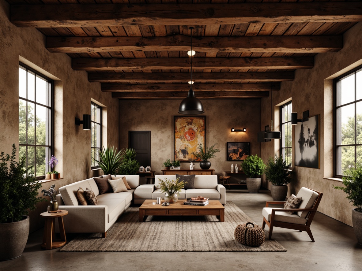 Prompt: Rustic wooden beams, distressed textures, earthy tones, natural wood grains, cozy ambiance, warm lighting, vintage decor, exposed ceiling, open-plan living, modern farmhouse style, reclaimed wood, industrial chic, urban loft atmosphere, metal accents, Edison bulbs, brick walls, concrete floors, greenery, plants, natural materials, organic feel, soft shadows, warm color palette, 1/2 composition, realistic render.