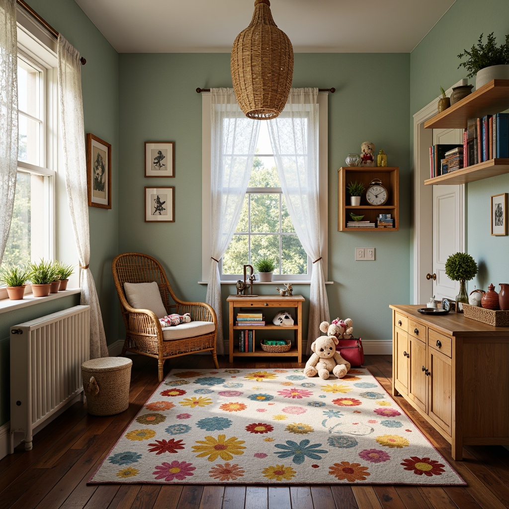 Prompt: Whimsical kids' room, vernacular style, wooden furniture, distressed finishes, vintage toys, colorful quilts, patchwork blankets, rustic wood flooring, soft pastel colors, white lace curtains, floral patterns, natural textiles, woven baskets, antique decorative items, traditional wall art, cozy reading nook, warm ambient lighting, shallow depth of field, 1/1 composition, realistic textures, subtle color grading.