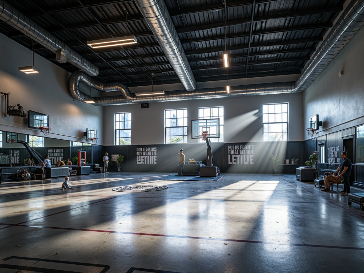 Prompt: Modern gymnasium, high ceilings, metal framework, polished concrete floors, industrial-style lighting fixtures, exposed ductwork, athletic equipment, basketball hoops, sports mats, mirrored walls, motivational quotes, urban loft ambiance, bright overhead lighting, suspended LED lights, metal beam accents, raw industrial textures, atmospheric misting system, dramatic shadows, 1/2 composition, low-angle photography.