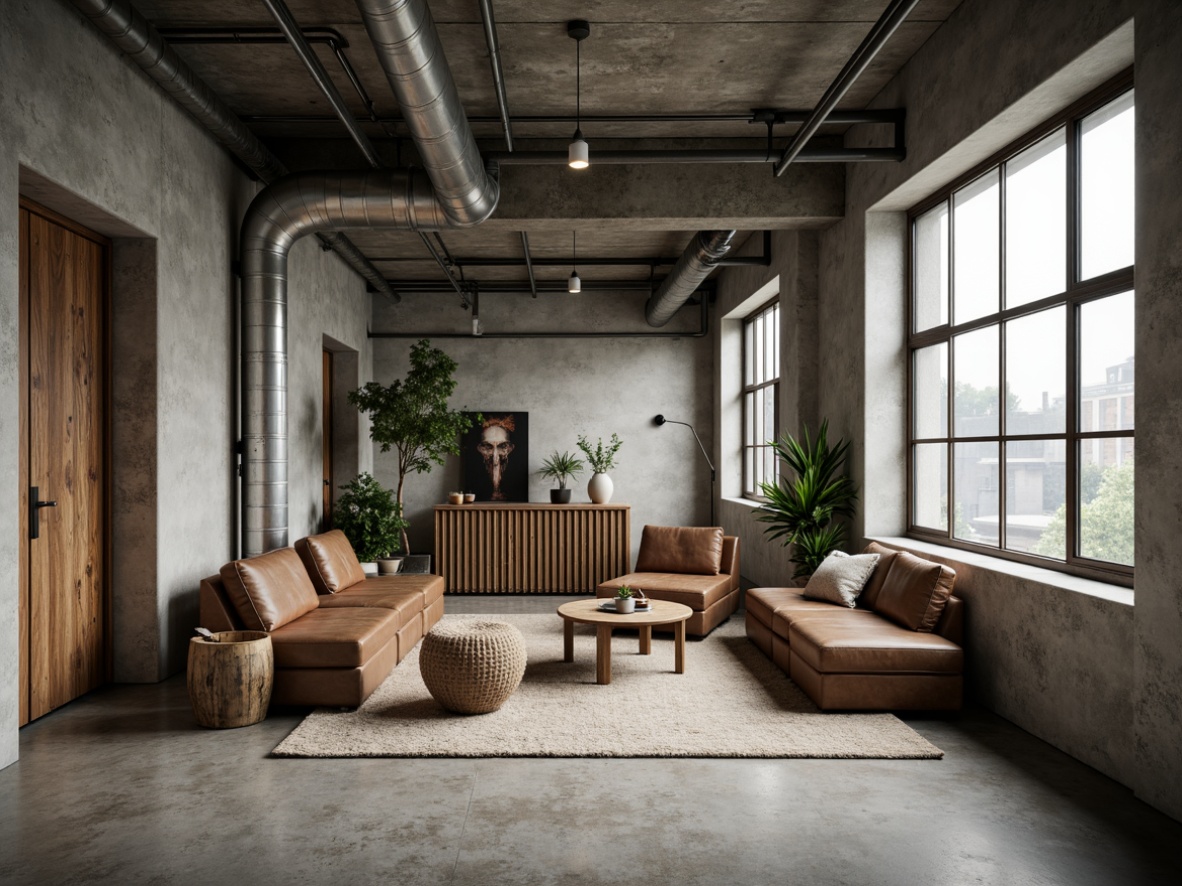 Prompt: Concrete walls, industrial pipes, metal beams, minimalist decor, brutalist architecture, earthy tone color palette, muted greens, weathered wood accents, distressed leather furniture, exposed ductwork, urban loft atmosphere, natural light pouring through steel windows, low-key artificial lighting, shallow depth of field, 2/3 composition, cinematic framing, realistic textures, ambient occlusion.