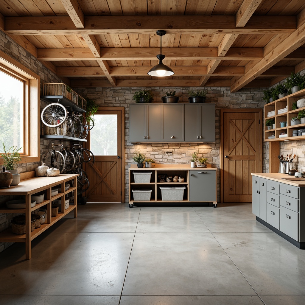 Prompt: Cozy family garage interior, warm neutral tones, polished concrete floors, sleek metal cabinets, adjustable shelving units, labeled storage bins, hanging bicycle racks, sports equipment organizers, tool stations with built-in workbenches, pendant lighting fixtures, rustic wooden accents, natural stone walls, organized workstation areas, soft warm color palette, shallow depth of field, 1/1 composition, realistic textures, ambient occlusion.