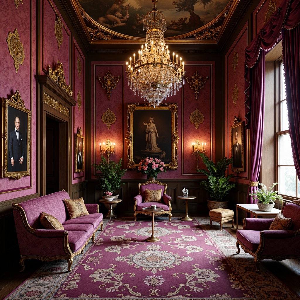 Prompt: Luxurious velvet fabrics, ornate gold embroidery, rich jewel-toned colors, intricate floral patterns, opulent silk drapes, heavy tassel trimmings, regal purple accents, grandiose crystal chandeliers, lavish carved wood paneling, dramatic high-contrast lighting, intense warm color palette, sumptuous throne-like furniture, heavily ornamented mirrors, gilded ornate frames, elaborate scrolled metalwork, majestic ceiling murals, richly textured wallpapers, imposing stone statues.