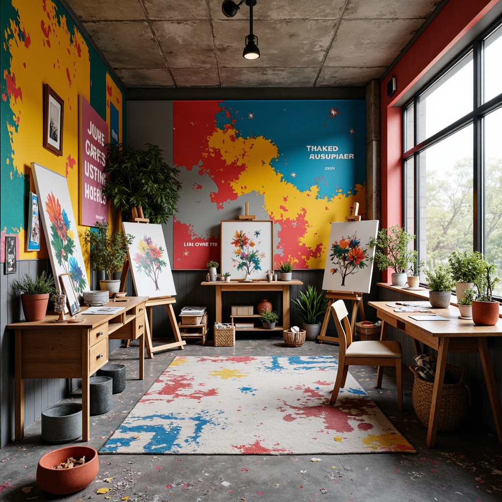 Prompt: Vibrant art studio, eclectic artist's space, bold color blocking, contrasting textures, abstract expressionism, artistic freedom, modern easels, paint-splattered floors, natural light pouring in, airy atmosphere, creative chaos, inspiring quotes, wooden worktables, artistic utensils, colorful rugs, lively background music, stimulating scent of oil paints, 3/4 composition, warm soft lighting, realistic brushstrokes, ambient occlusion.