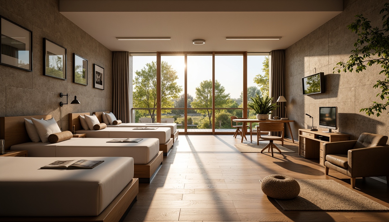 Prompt: Cozy dormitory interior, large windows, transparent glass surfaces, minimalist curtains, soft warm lighting, natural stone walls, wooden flooring, modern furniture design, comfortable beds, study desks, ergonomic chairs, lush greenery views, sunny day, shallow depth of field, 3/4 composition, realistic textures, ambient occlusion.